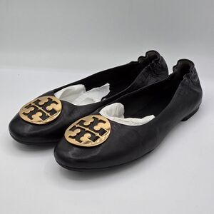Tory Burch Claire Women's Ballet Flat Leather Shoes - Black, Gold Size 7.5
